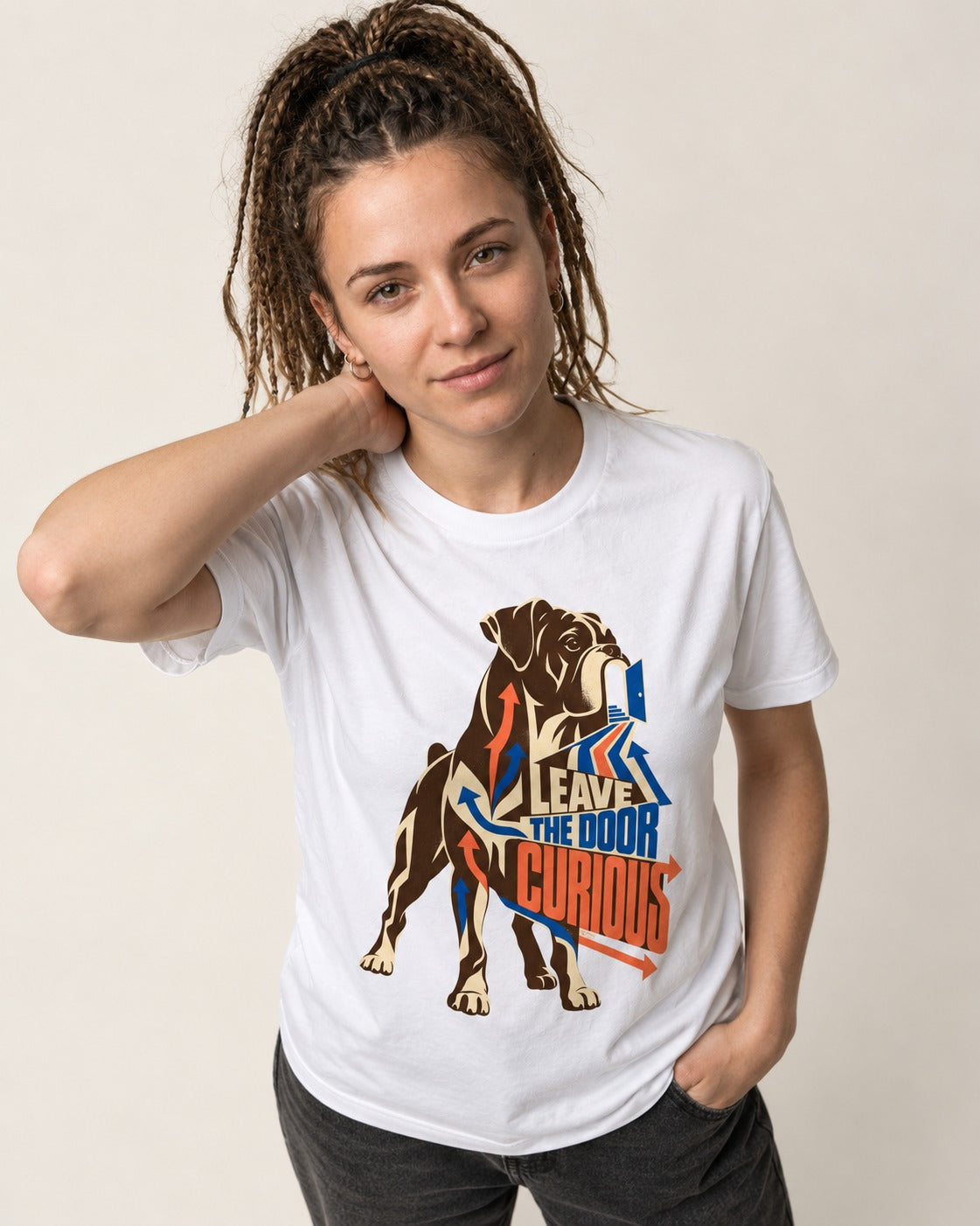 Leave the Door Curious Boxer Doorway Arrow Graphic T-Shirt in White, worn by a model