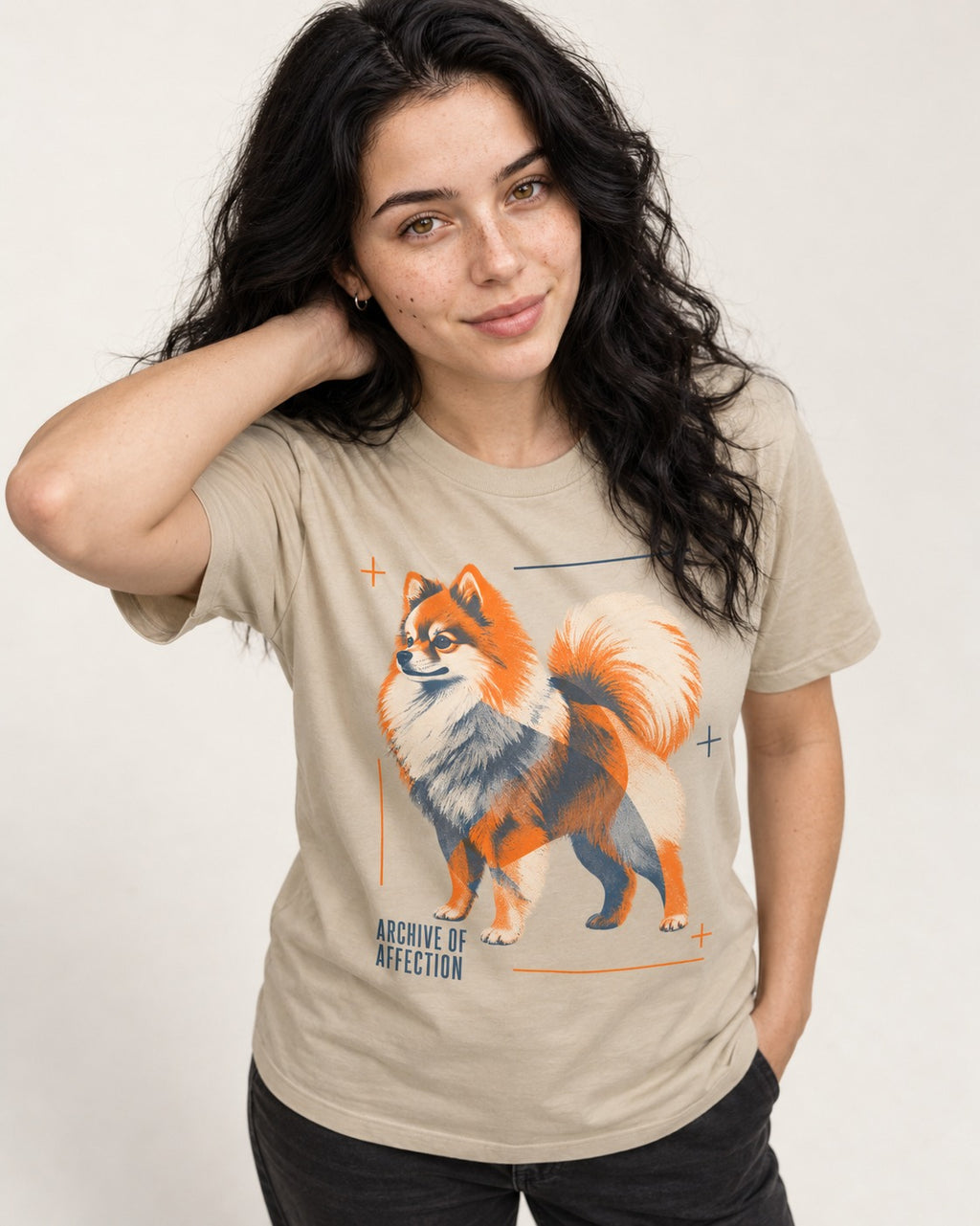 Pomeranian Archive of Affection T-Shirt in Sand, worn by a model
