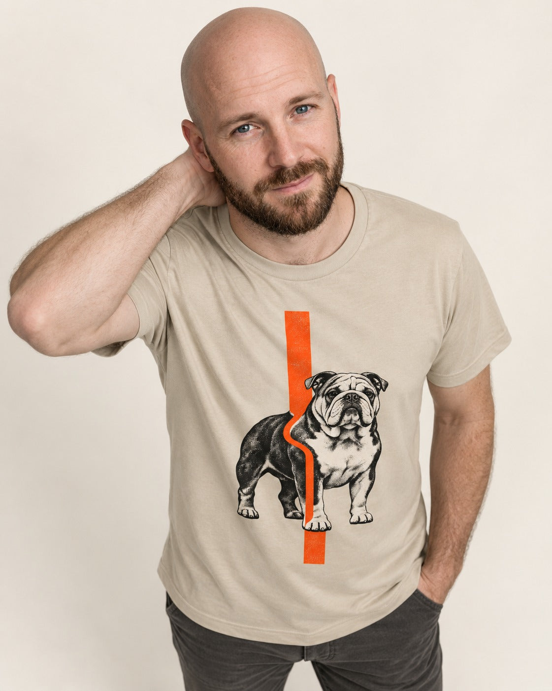 English Bulldog Quiet Strength T-Shirt in Sand, worn by a model