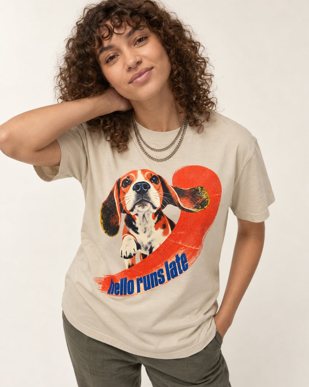 Beagle Hello Runs Late T-Shirt in Sand, worn by a model