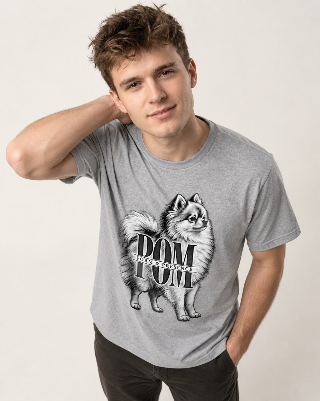Pomeranian Form and Presence Monogram Graphic T-Shirt in Sport Grey, worn by a model