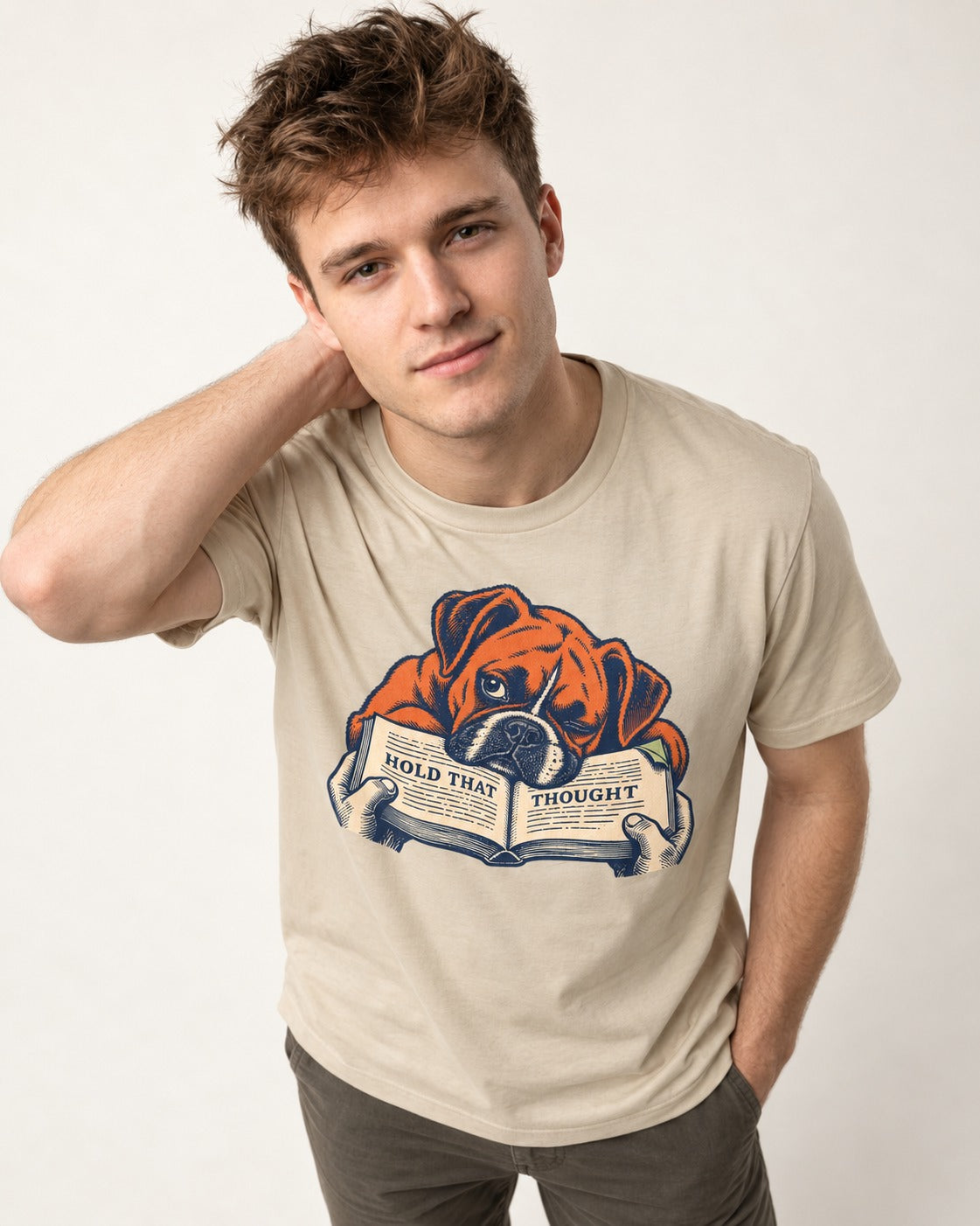 Boxer Hold That Thought T-Shirt in Sand, worn by a model