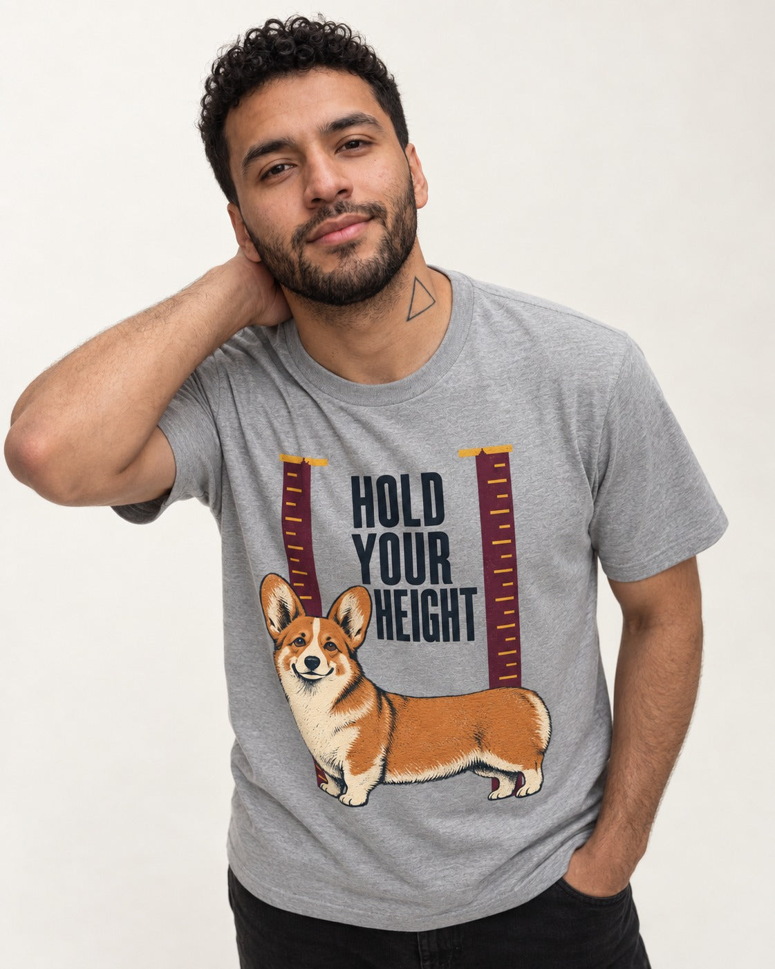 Corgi Hold Your Height T-Shirt in Sport Grey, worn by a model