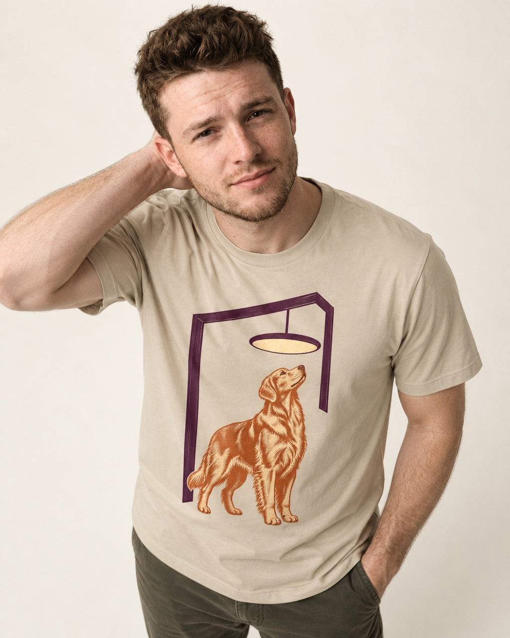 Golden Retriever Bright Idea T-Shirt in Sand, worn by a model