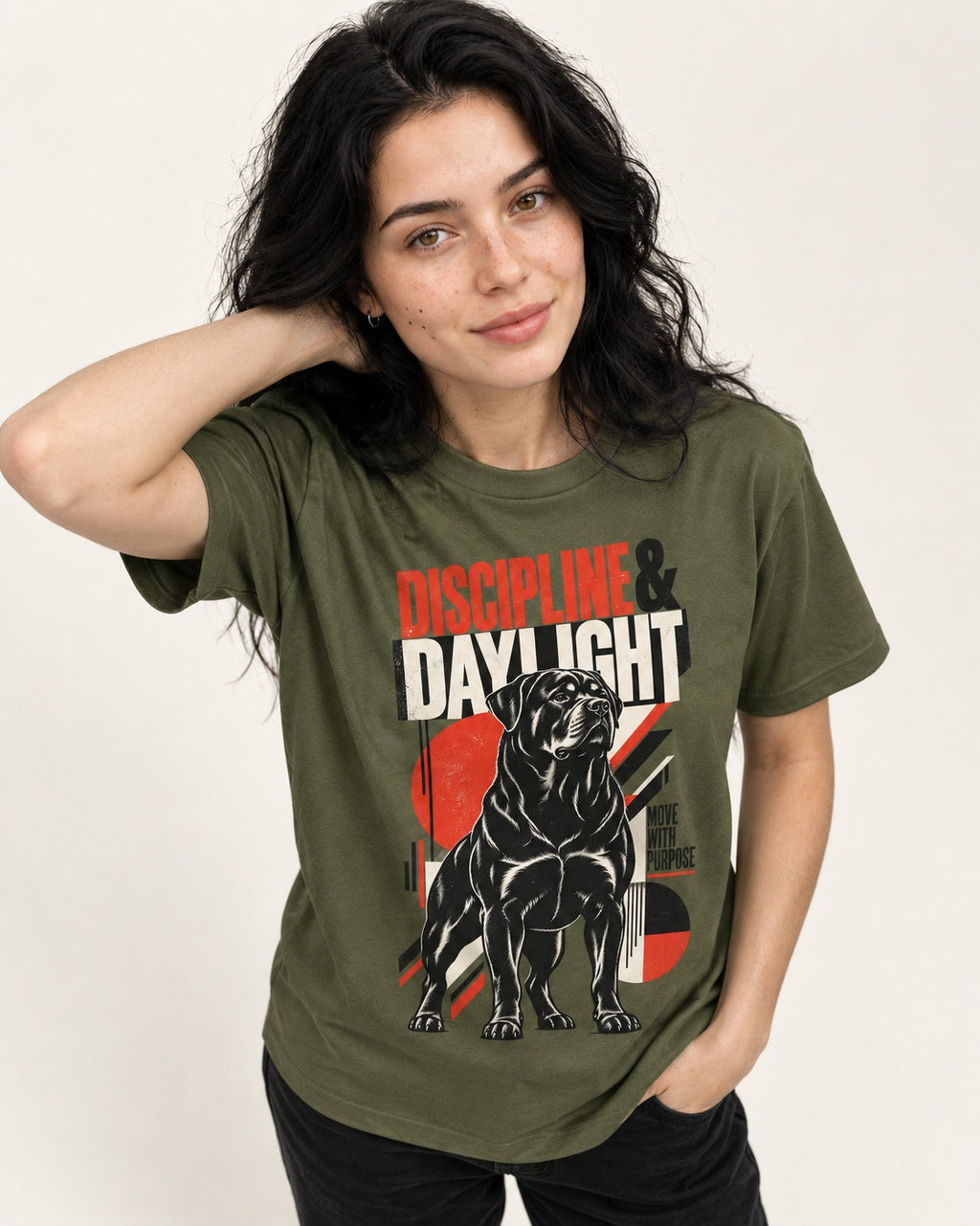 Discipline and Daylight Rottweiler Move With Purpose T-Shirt in Heather Military Green, worn by a model
