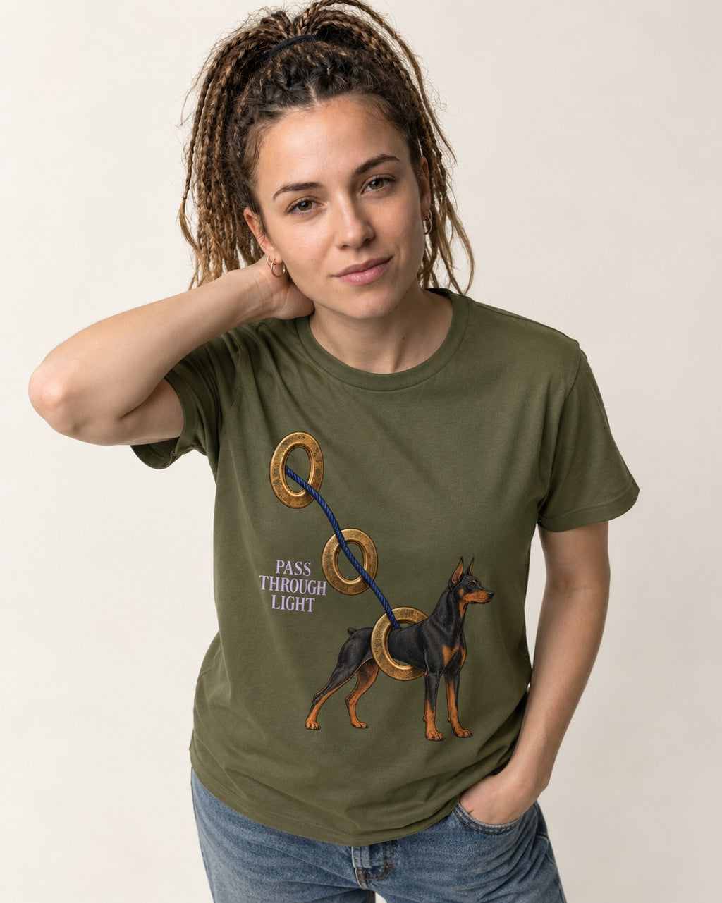 Doberman Pass Through Light Ring Graphic T-Shirt in Heather Military Green, worn by a model
