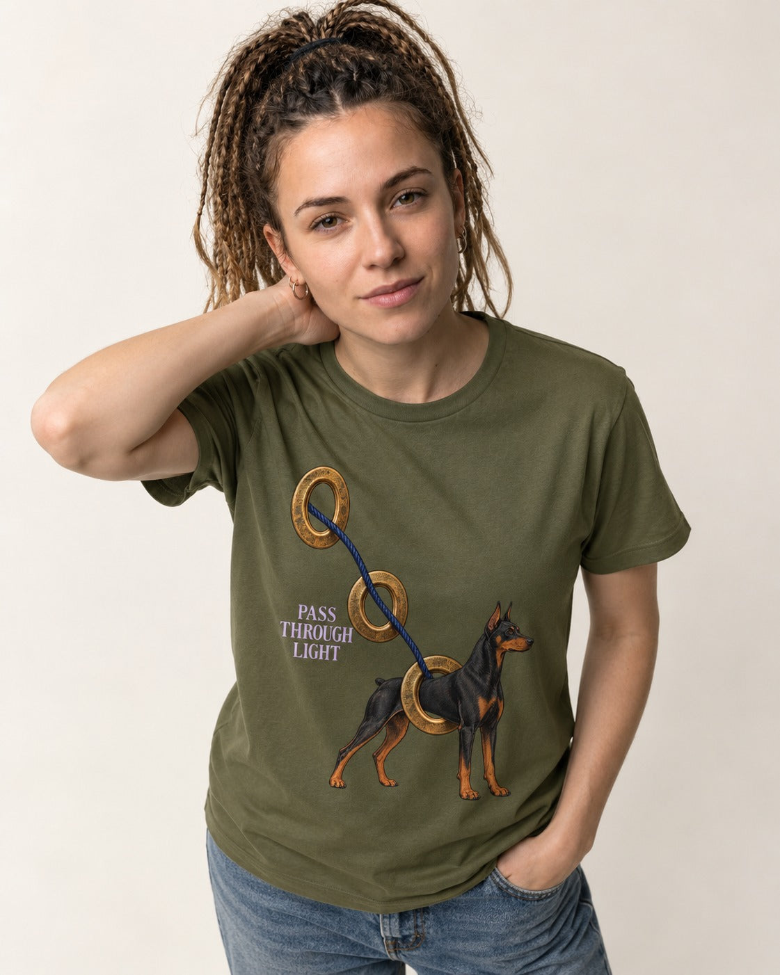 Doberman Pass Through Light Ring Graphic T-Shirt in Heather Military Green, worn by a model