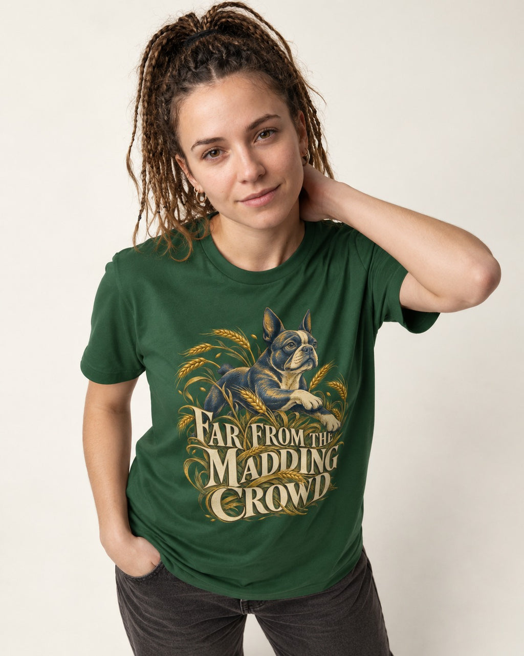 Far From the Madding Crowd Boston Terrier T-Shirt in Forest Green, worn by a model