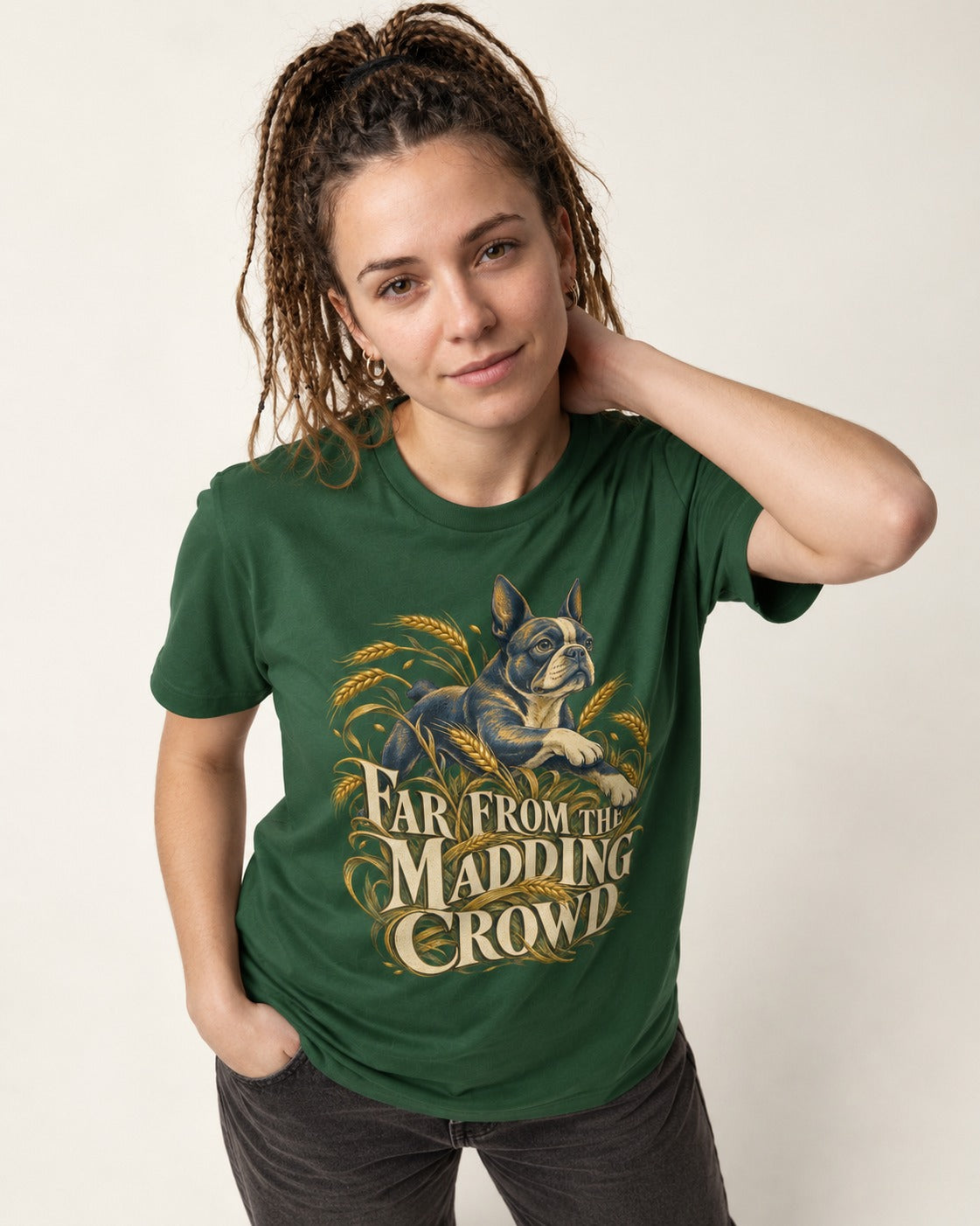 Far From the Madding Crowd Boston Terrier T-Shirt in Forest Green, worn by a model