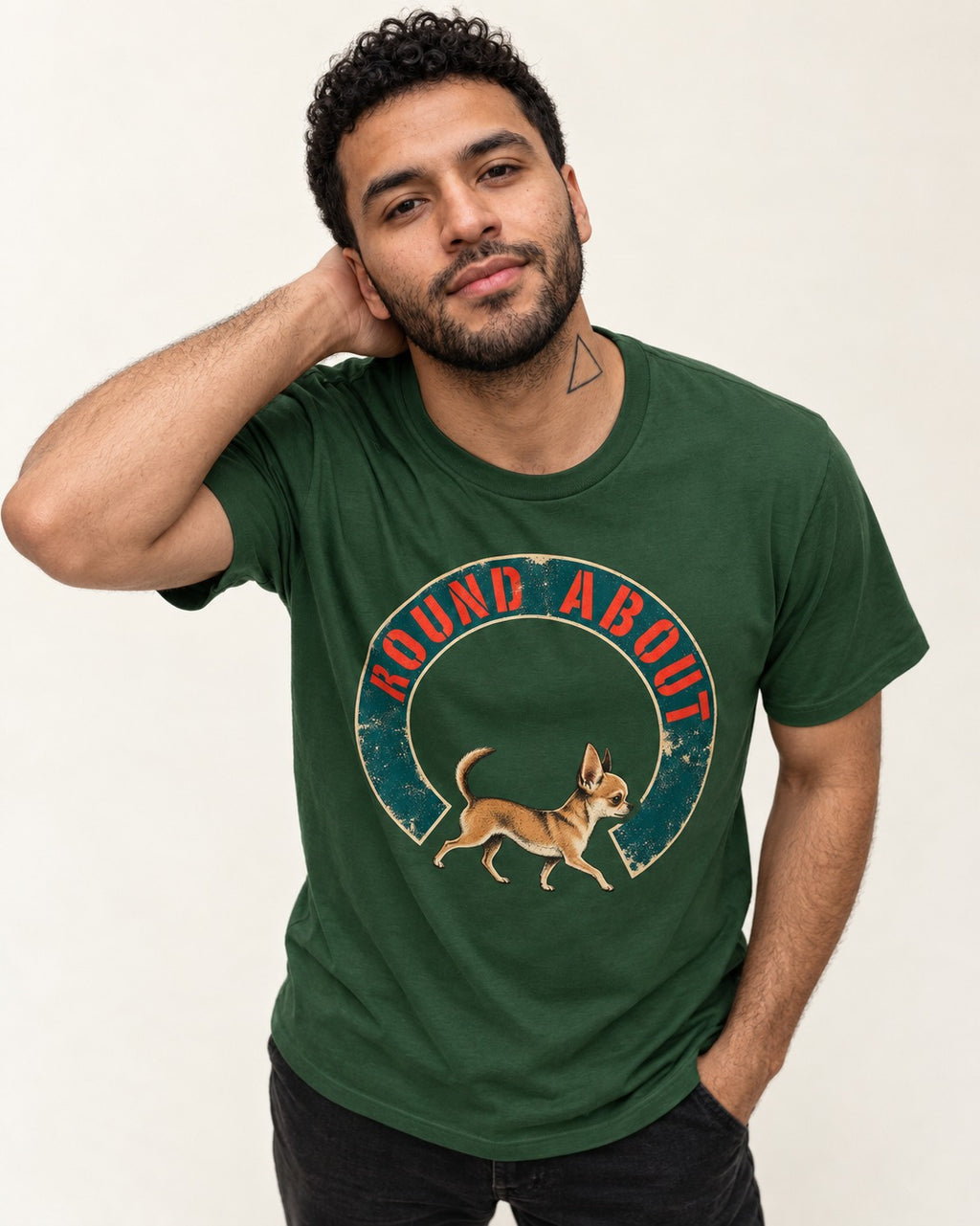 Round About Chihuahua Emblem Graphic T-Shirt in Forest Green, worn by a model