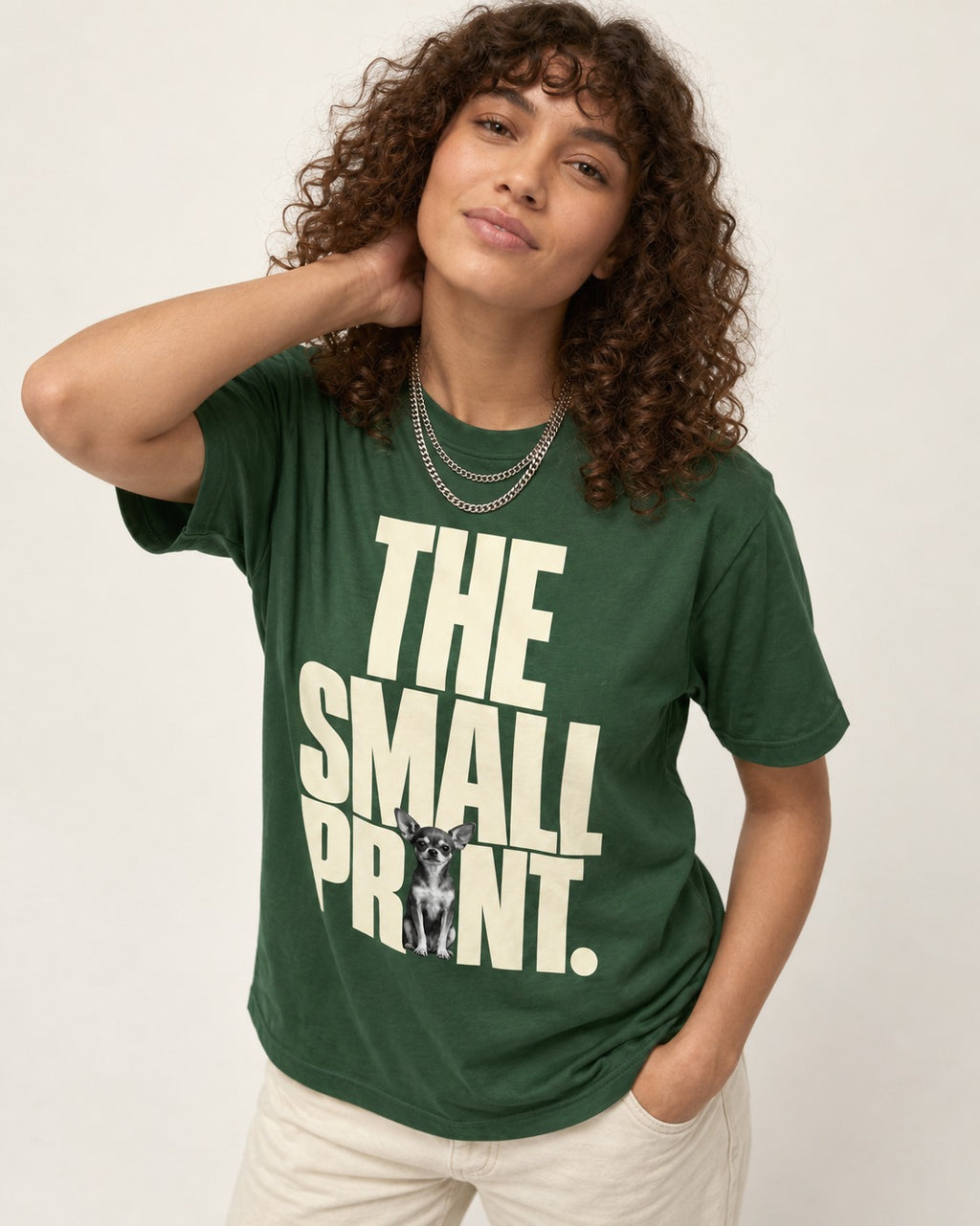 Chihuahua The Small Print Typographic Portrait T-Shirt in Forest Green, worn by a model