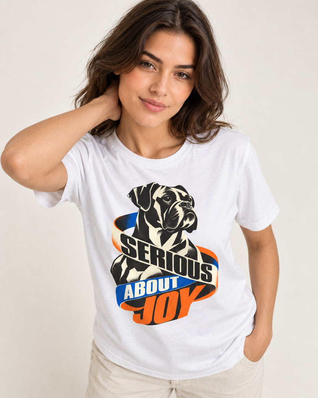 Boxer Serious About Joy T-Shirt in White, worn by a model