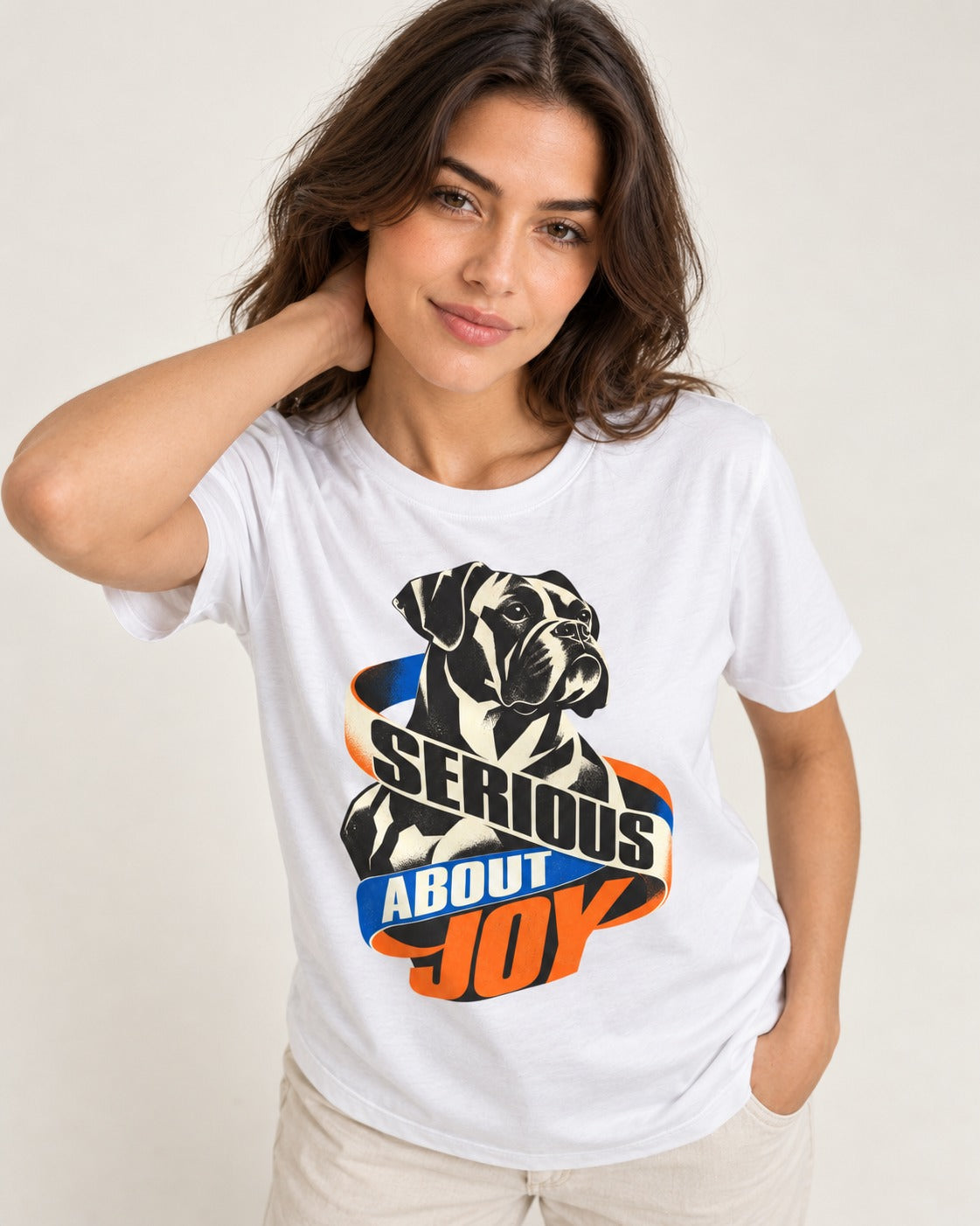 Boxer Serious About Joy T-Shirt in White, worn by a model