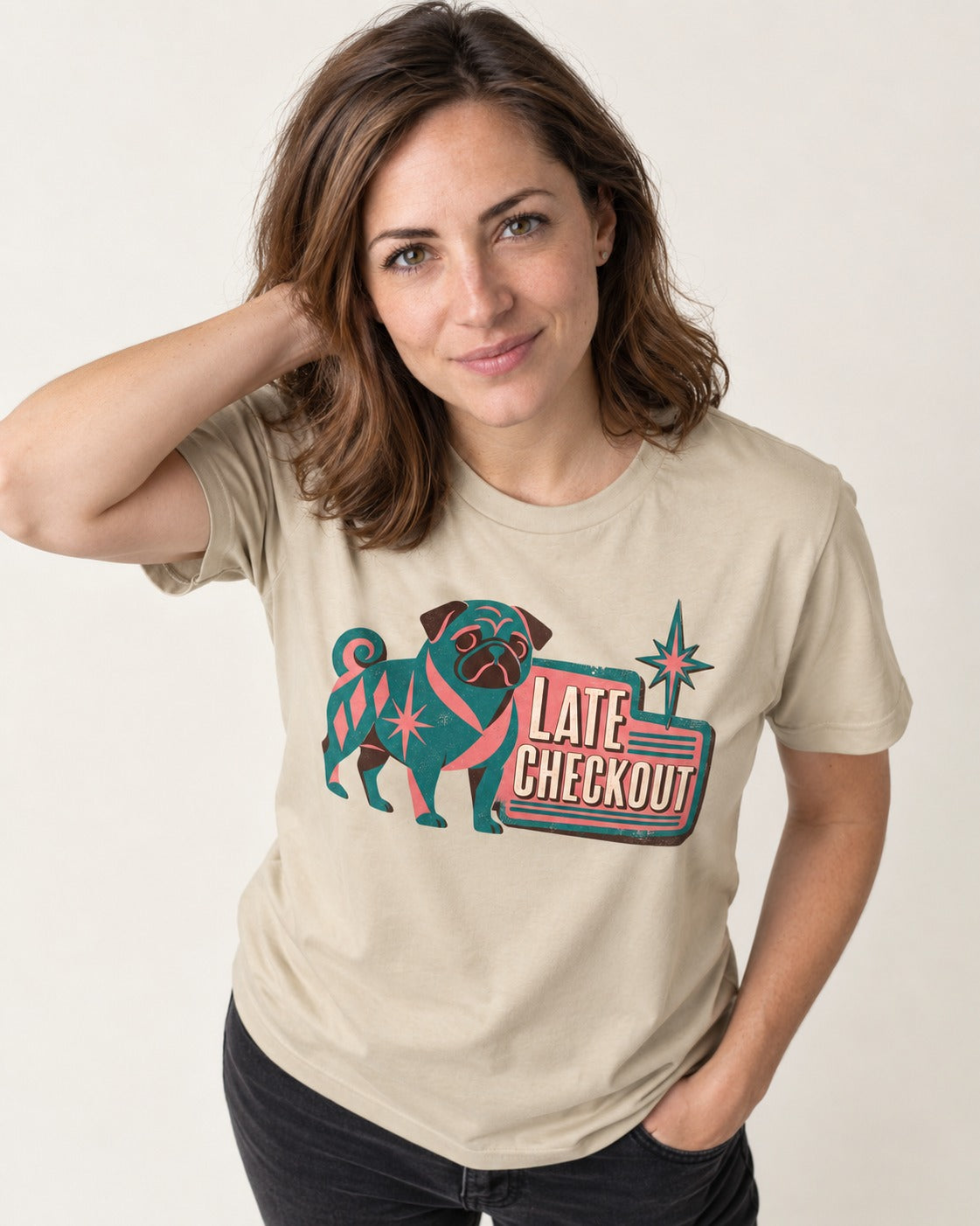 Pug's Late Checkout T-Shirt in Sand, worn by a model