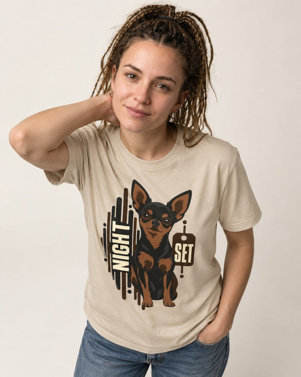 Chihuahua Night Set T-Shirt in Sand, worn by a model