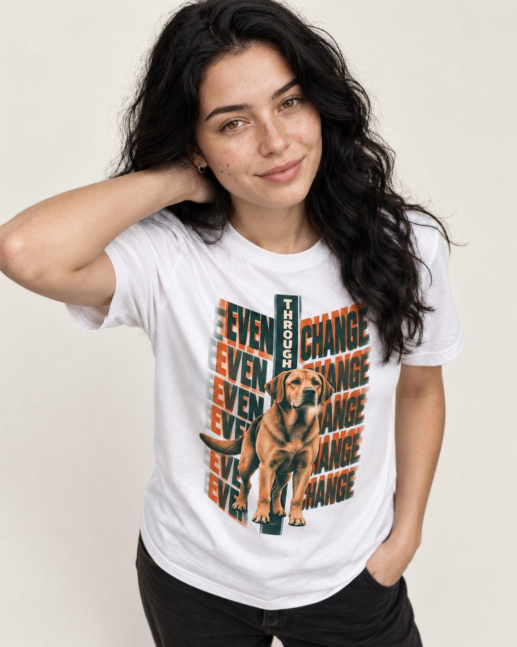 Labrador Retriever Even Through Change Repeated Poster Graphic T-Shirt in White, worn by a model