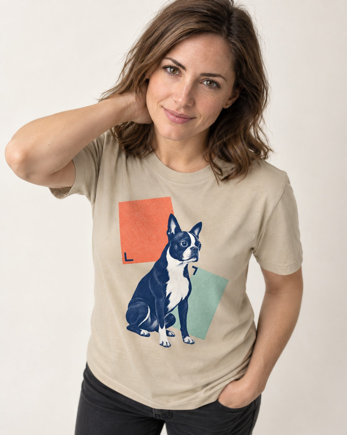 Boston Terrier Quiet Confidence T-Shirt in Sand, worn by a model