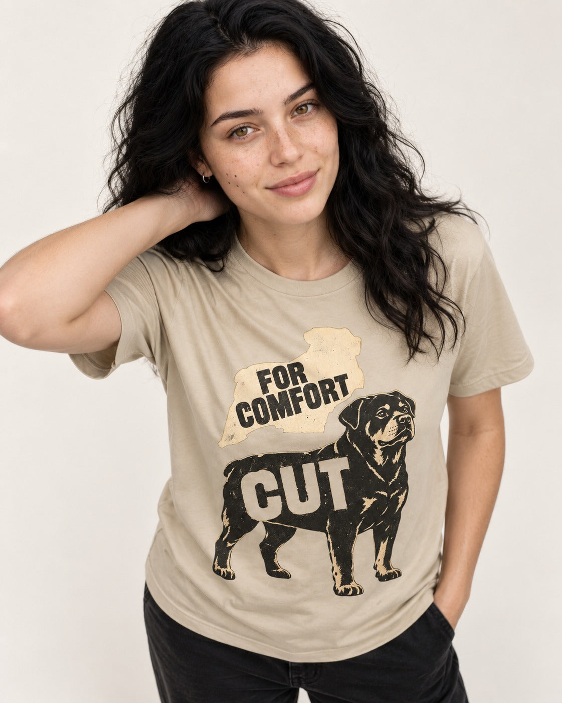 Rottweiler Cut for Comfort T-Shirt in Sand, worn by a model