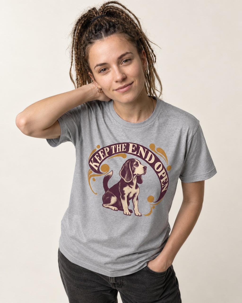 Beagle Keep The End Open Ornamental Graphic T-Shirt in Sport Grey, worn by a model