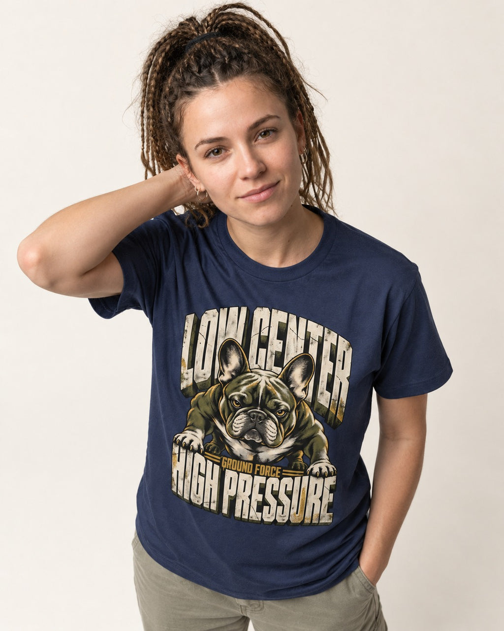 Frenchie Low Center High Pressure Graphic T-Shirt in Navy, worn by a model