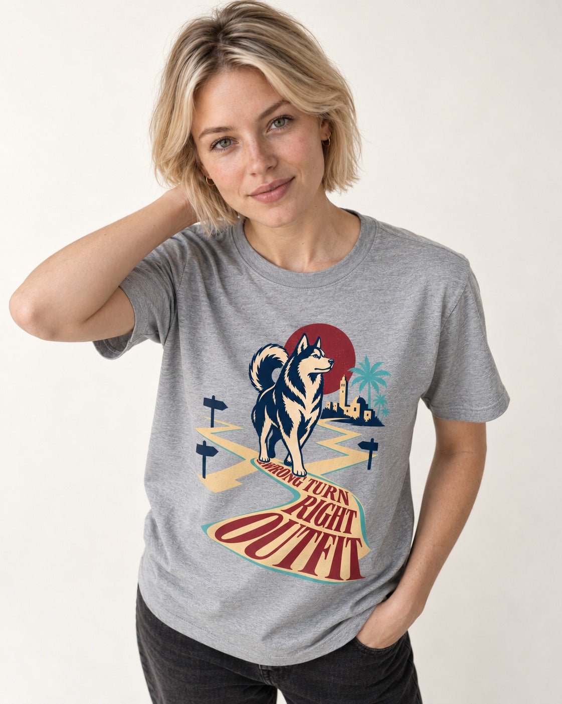 Wrong Turn Right Outfit Husky T-Shirt in Sport Grey, worn by a model
