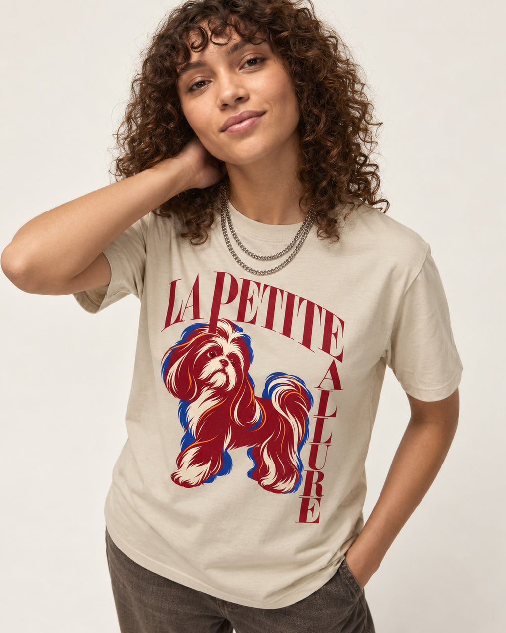 La Petite Allure Shih Tzu T-Shirt in Sand, worn by a model