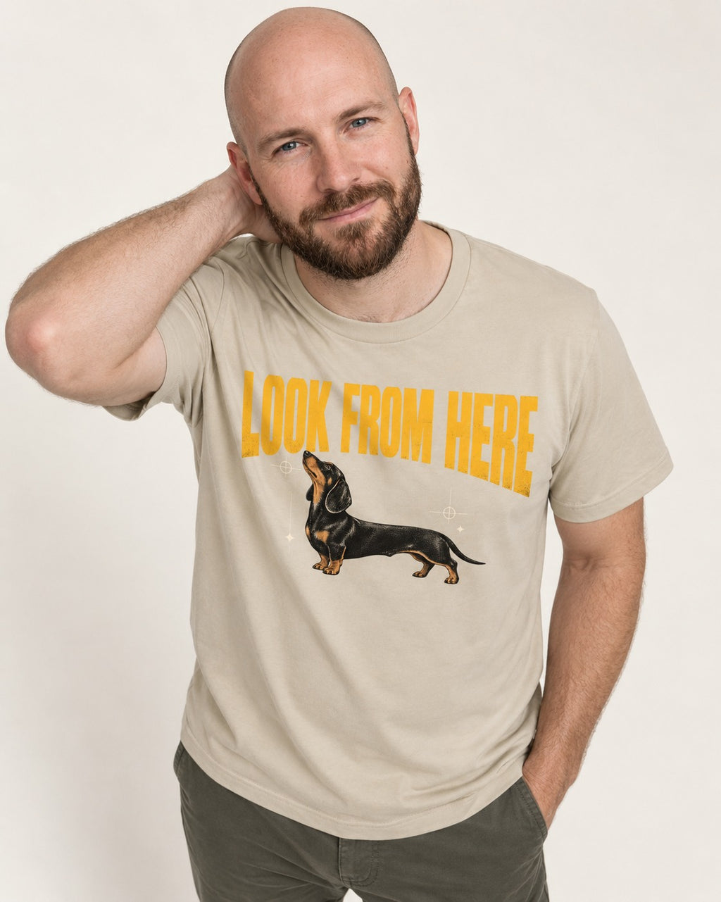 Dachshund Look From Here T-Shirt in Sand, worn by a model