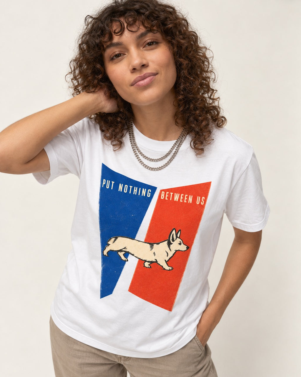 Corgi Put Nothing Between Us Split Panels T-Shirt in White, worn by a model