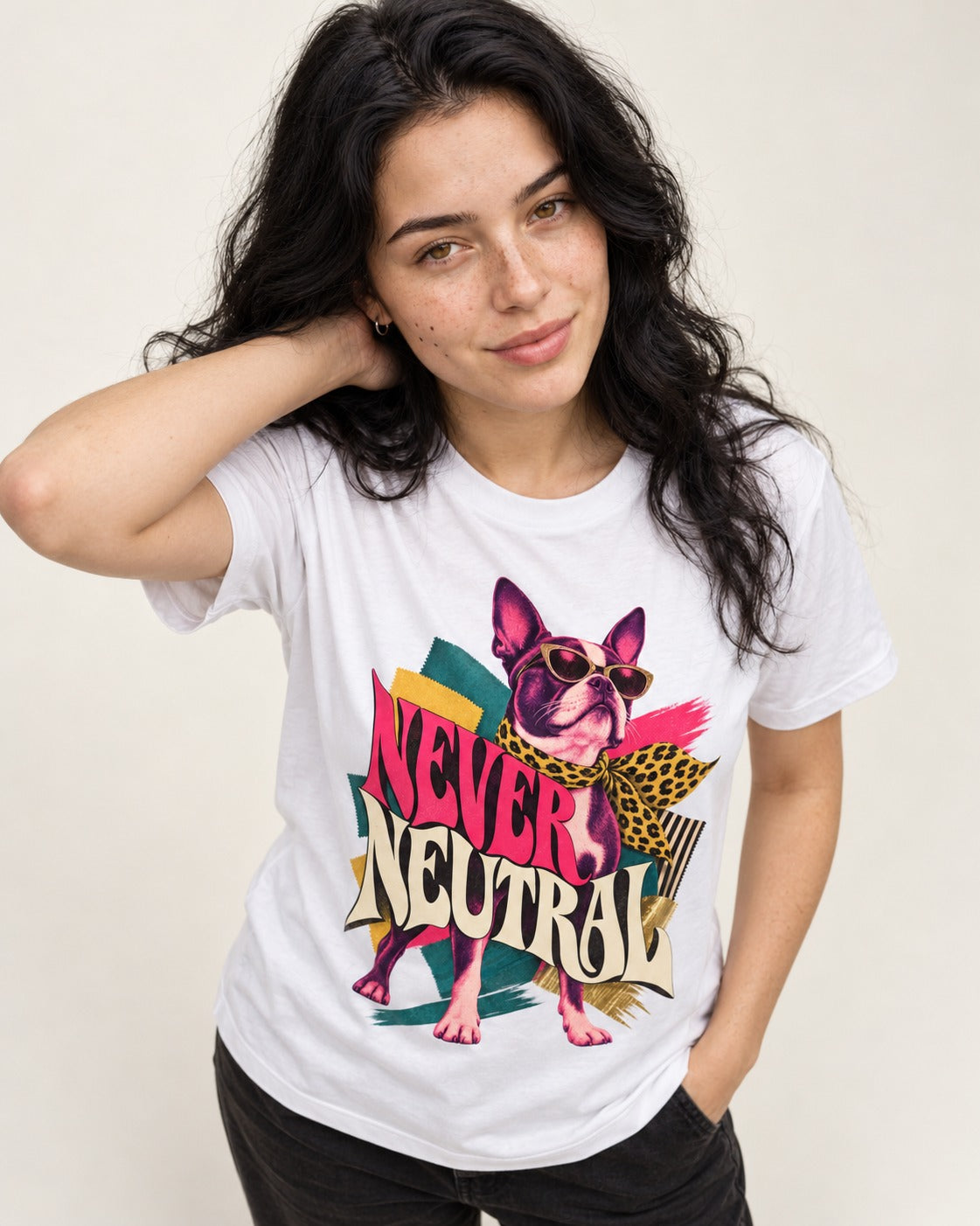 Boston Terrier Never Neutral Fashion Collage Graphic T-Shirt in White, worn by a model