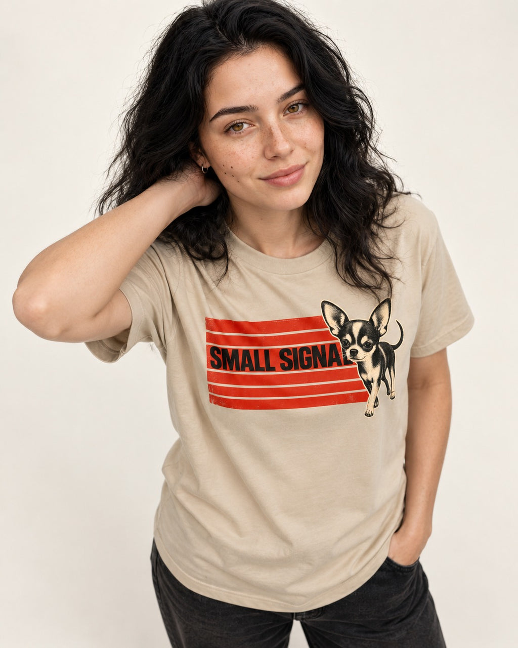 Small Signal Chihuahua T-Shirt in Sand, worn by a model