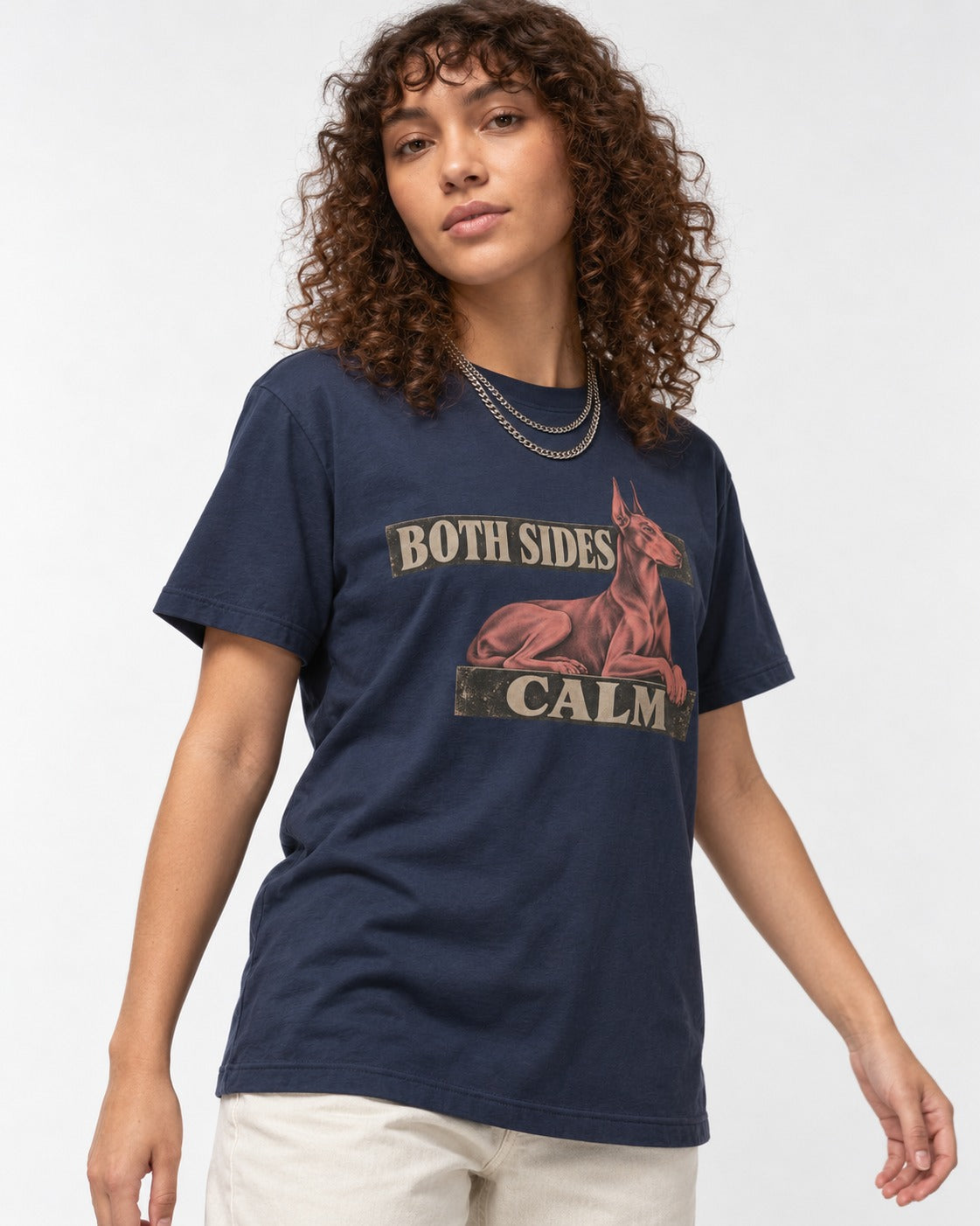 Doberman Both Sides Calm Banner T-Shirt in Navy, worn by a model