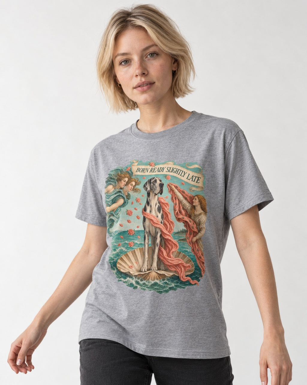 Great Dane Born Ready Slightly Late T-Shirt in Sport Grey, worn by a model