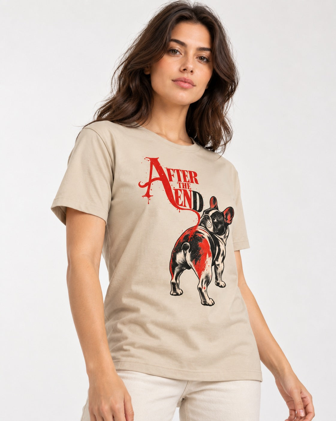 Frenchie After the End T-Shirt in Sand, worn by a model