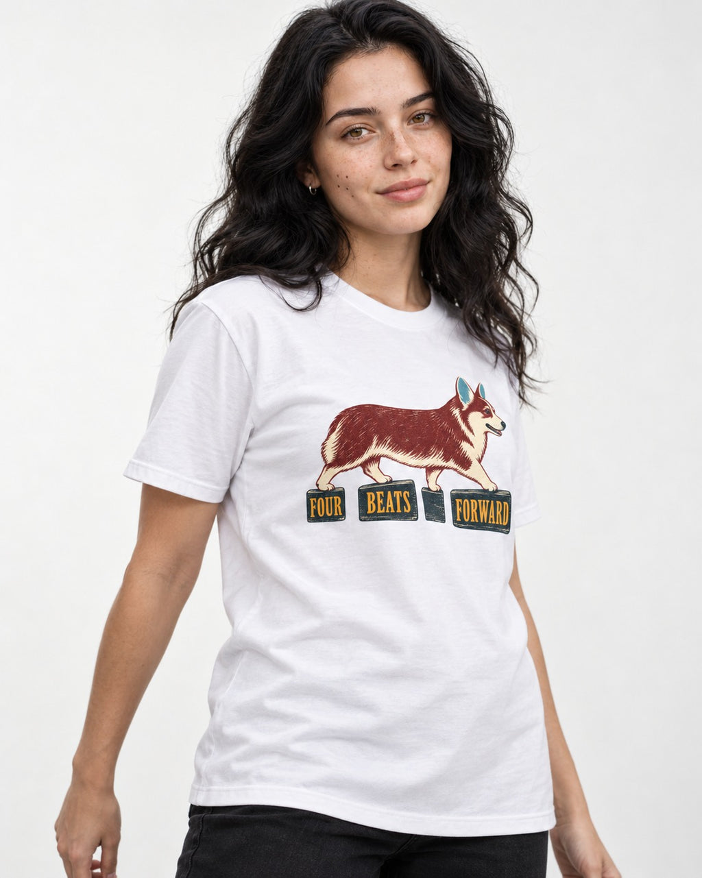 Corgi Four Beats Forward T-Shirt in White, worn by a model