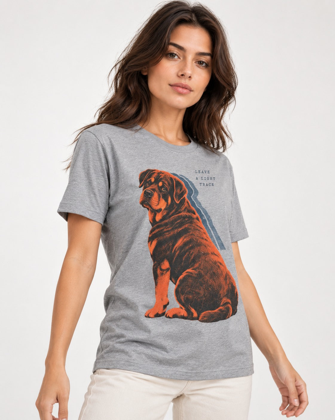 Rottweiler Leave a Light Trace T-Shirt in Sport Grey, worn by a model