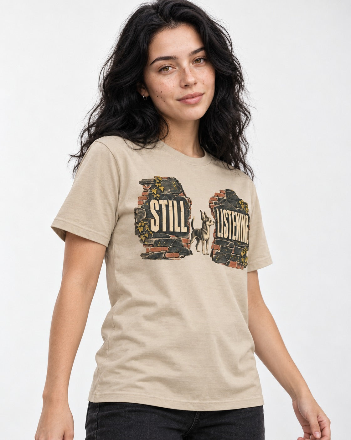 Chihuahua Still Listening T-Shirt in Sand, worn by a model
