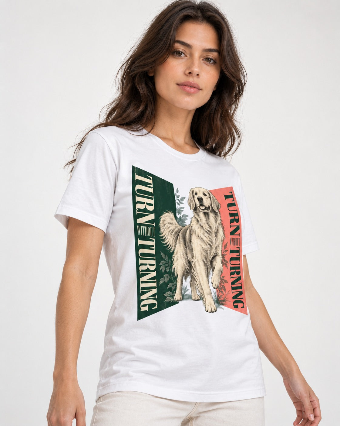 Golden Retriever Turn Without Turning Gateway Graphic T-Shirt in White, worn by a model