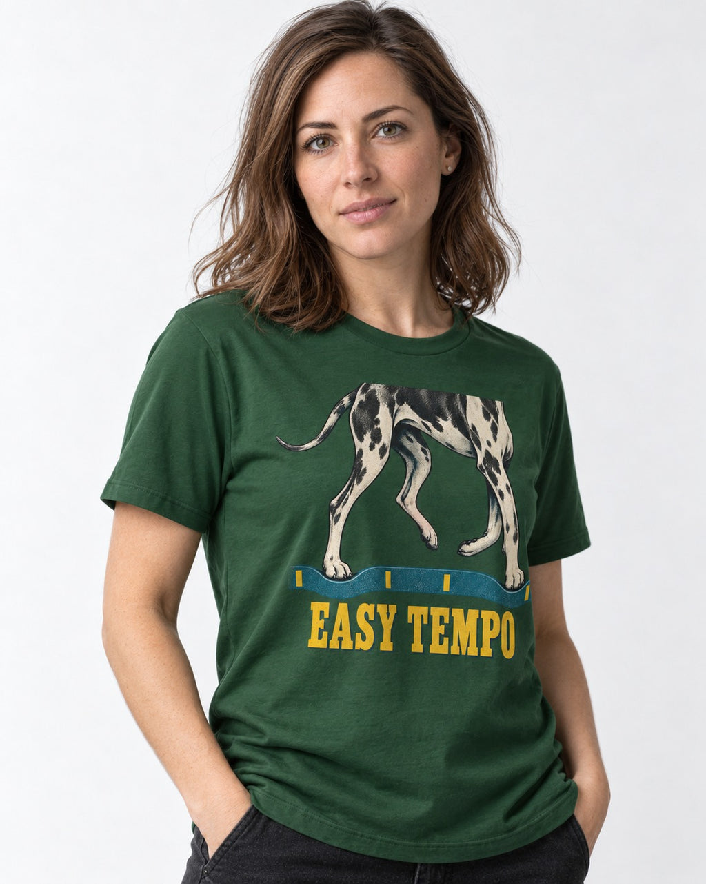 Great Dane Easy Tempo Elastic Band Legs Graphic T-Shirt in Forest Green, worn by a model