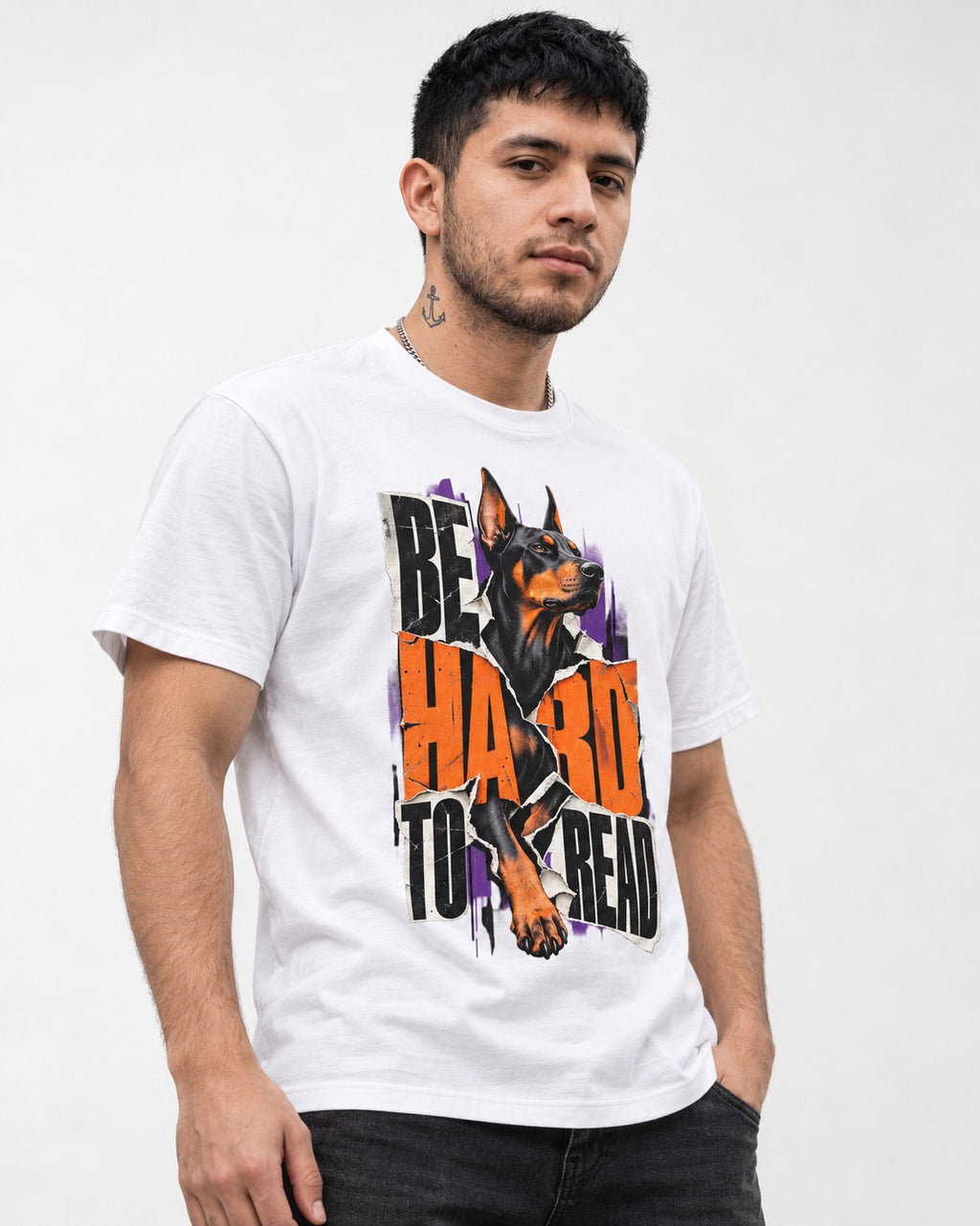 Doberman Be Hard to Read Torn Poster Graphic T-Shirt in White, worn by a model