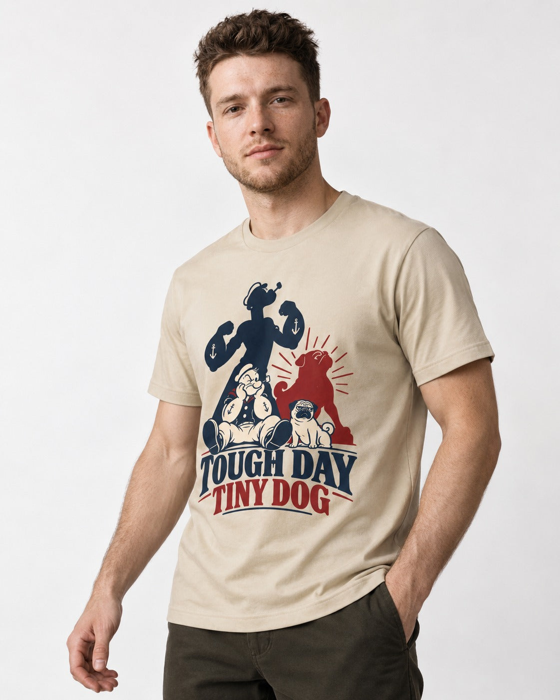 Tough Day Tiny Pug T-Shirt in Sand, worn by a model