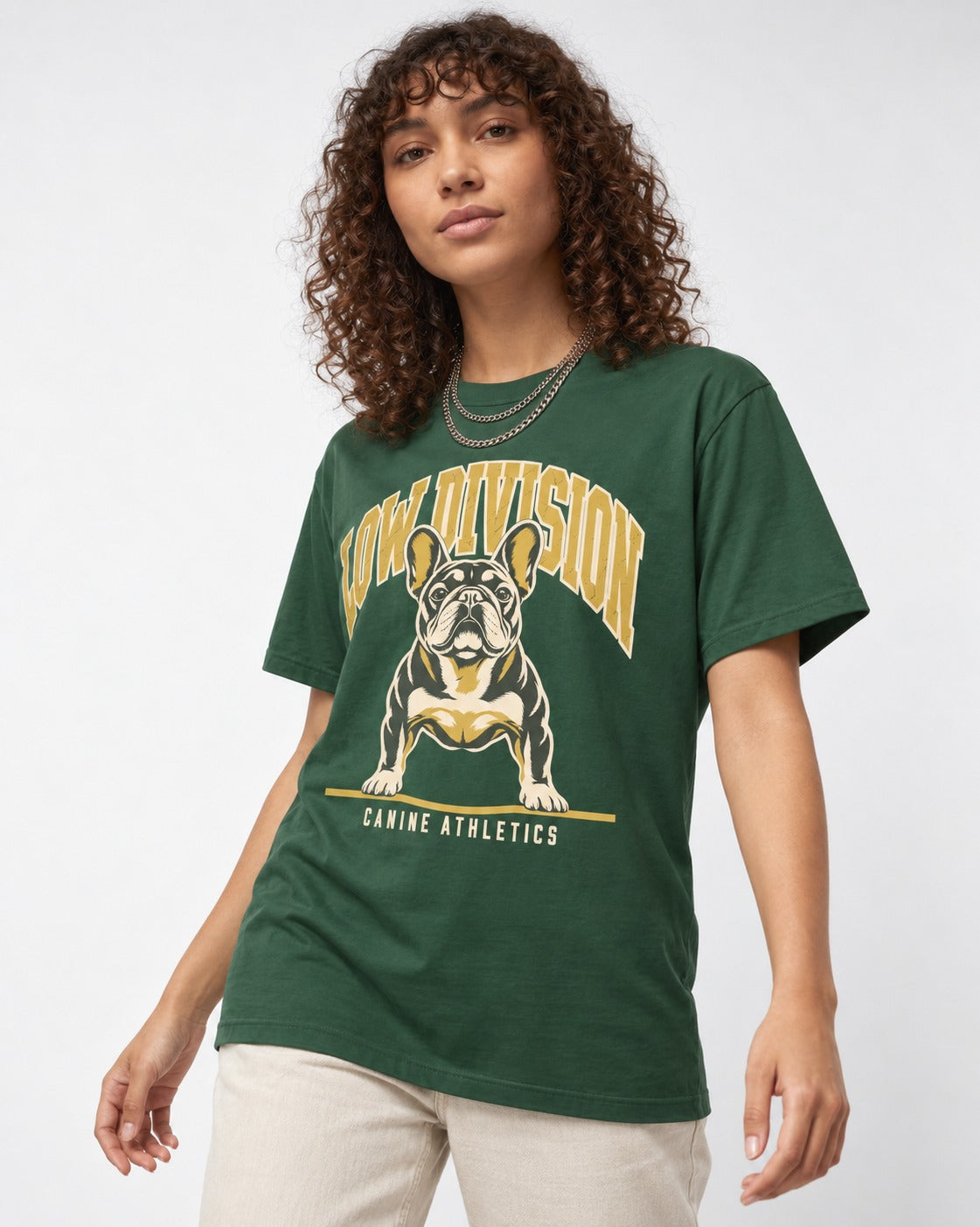 Frenchie Low Division Canine Athletics Graphic T-Shirt in Forest Green, worn by a model