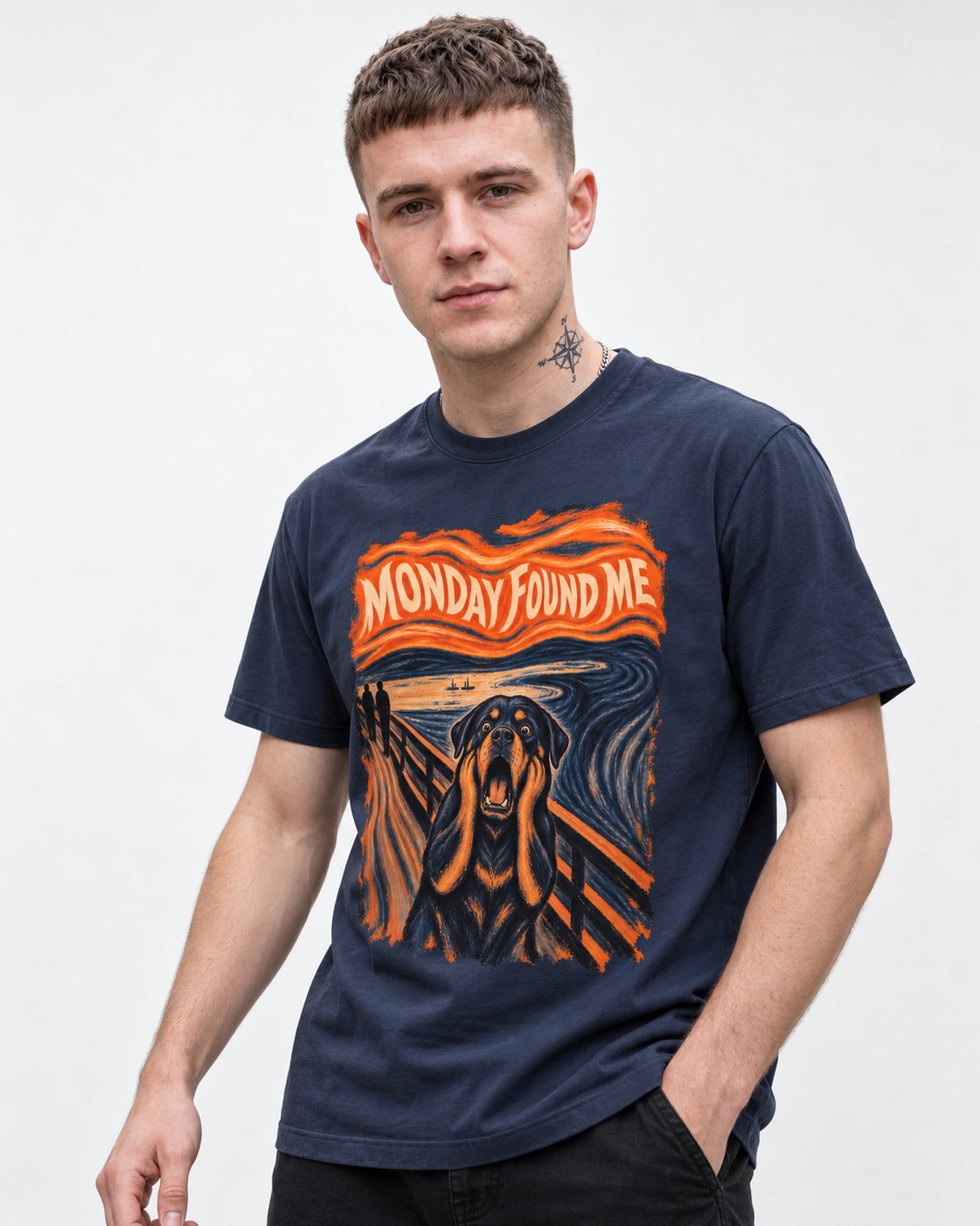 Rottweiler Monday Found Me Scream Parody Graphic T-Shirt in Navy, worn by a model