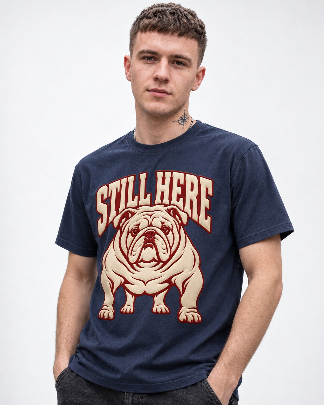 English Bulldog Still Here Collegiate Graphic T-Shirt in Navy, worn by a model