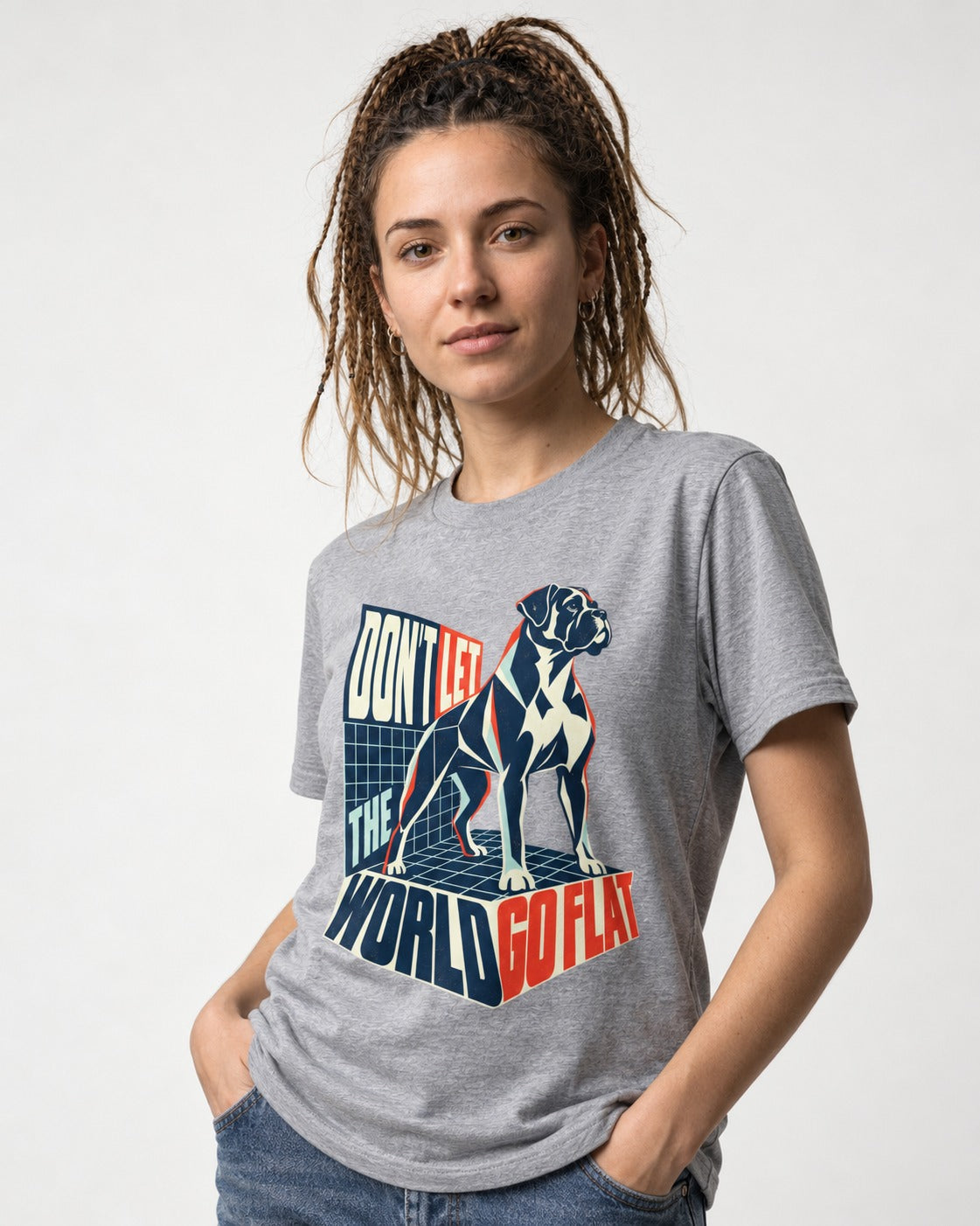 Don't Let the World Go Flat Boxer Perspective Grid Graphic T-Shirt in Sport Grey, worn by a model
