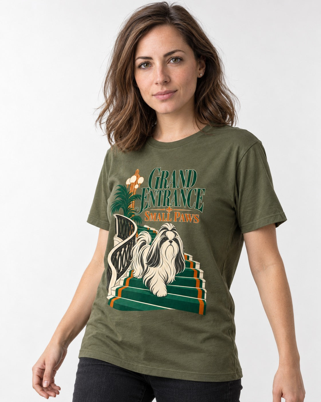 Shih Tzu Grand Entrance Small Paws Staircase Graphic T-Shirt in Heather Military Green, worn by a model