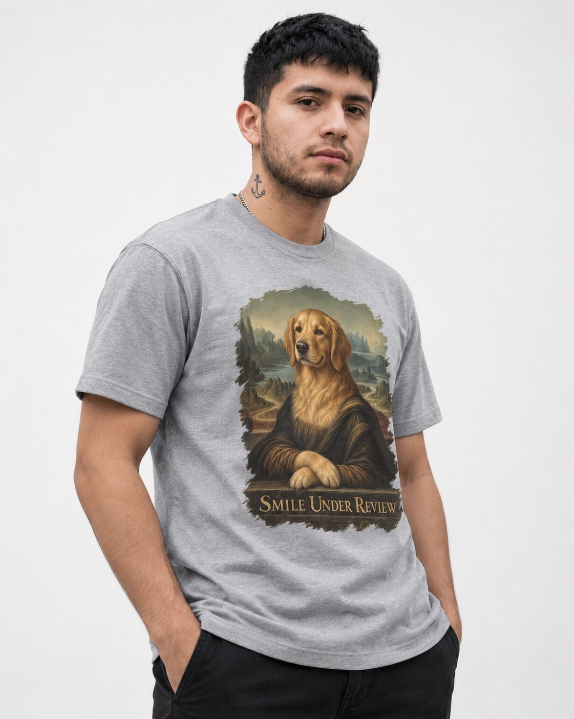 Smile Under Review Renaissance Portrait Golden Retriever Graphic T-Shirt in Sport Grey, worn by a model