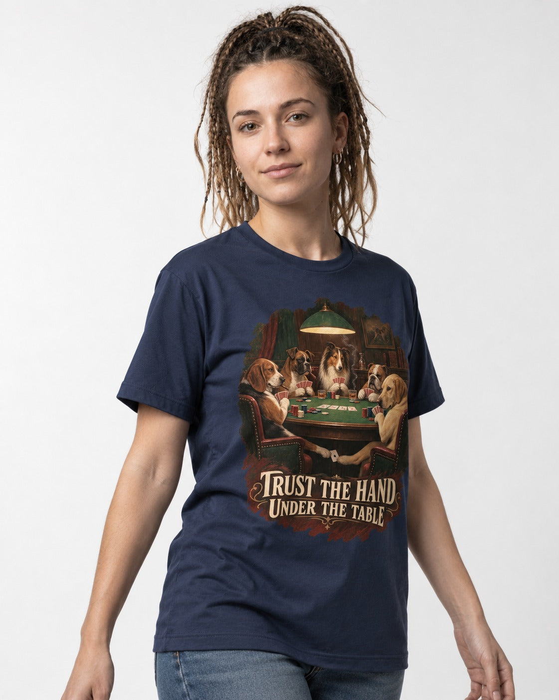 Labrador Retriever Trust the Hand Under the Table Poker Dogs Graphic T-Shirt in Navy, worn by a model
