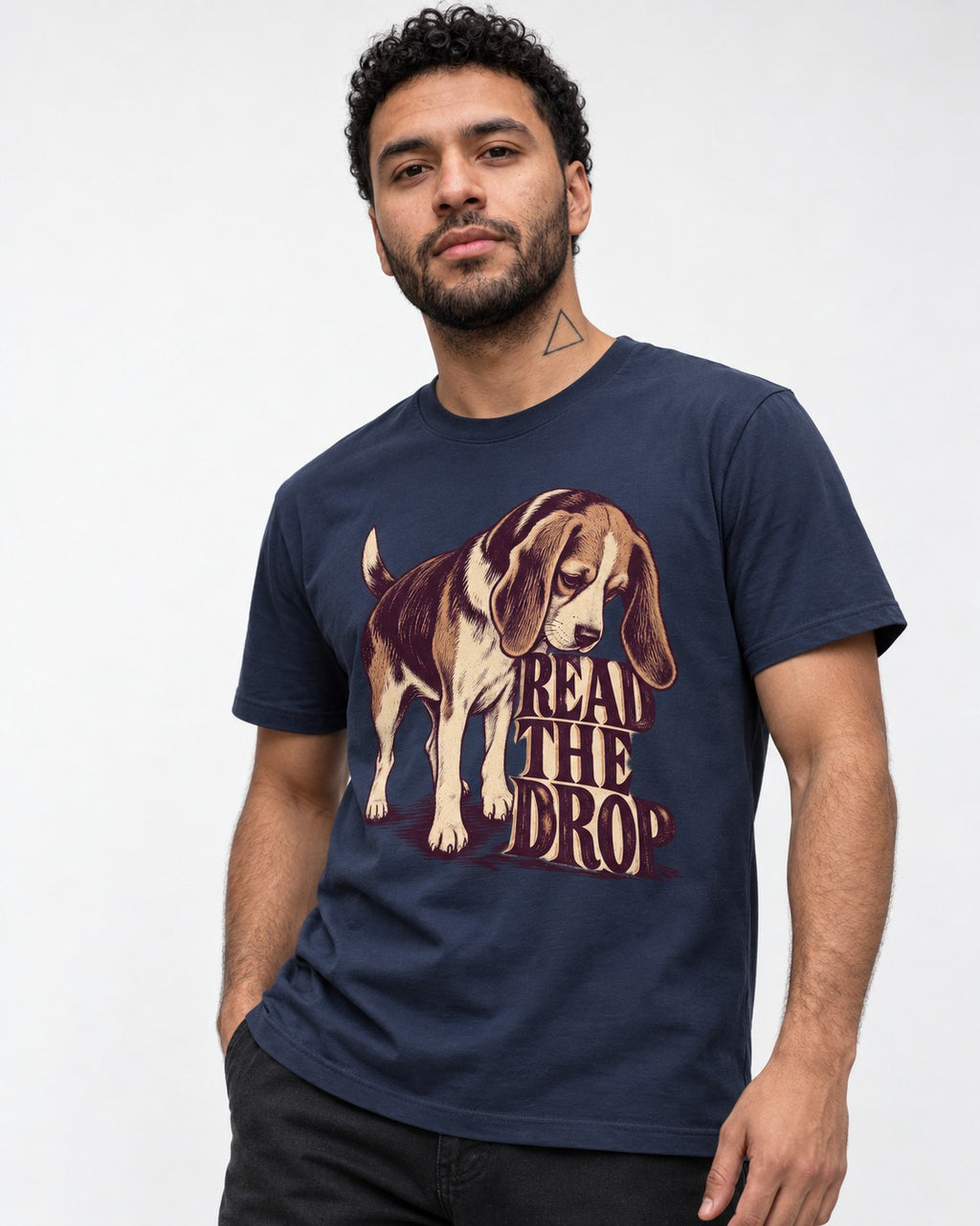 Beagle Read The Drop T-Shirt in Navy, worn by a model