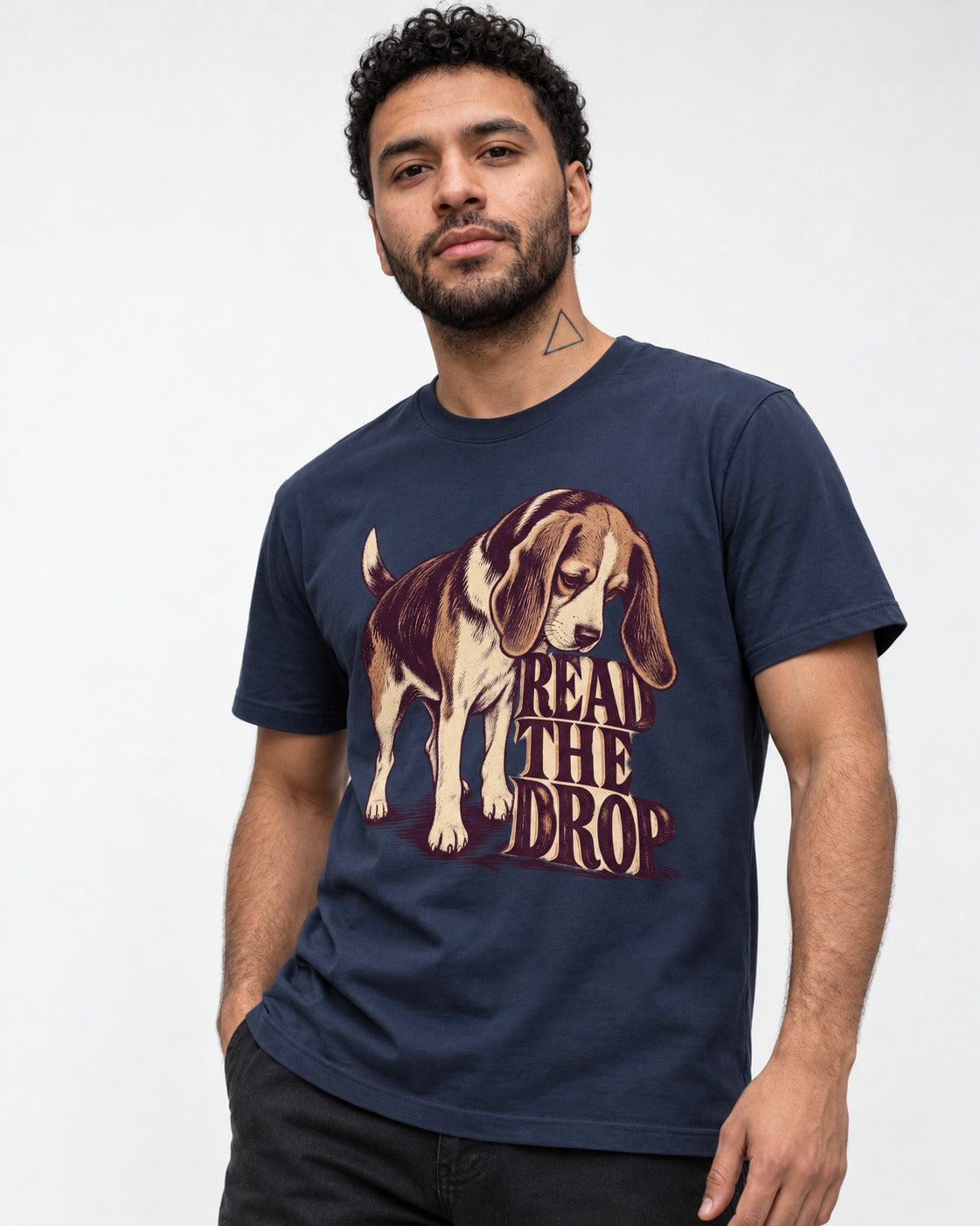 Beagle Read The Drop T-Shirt in Navy, worn by a model