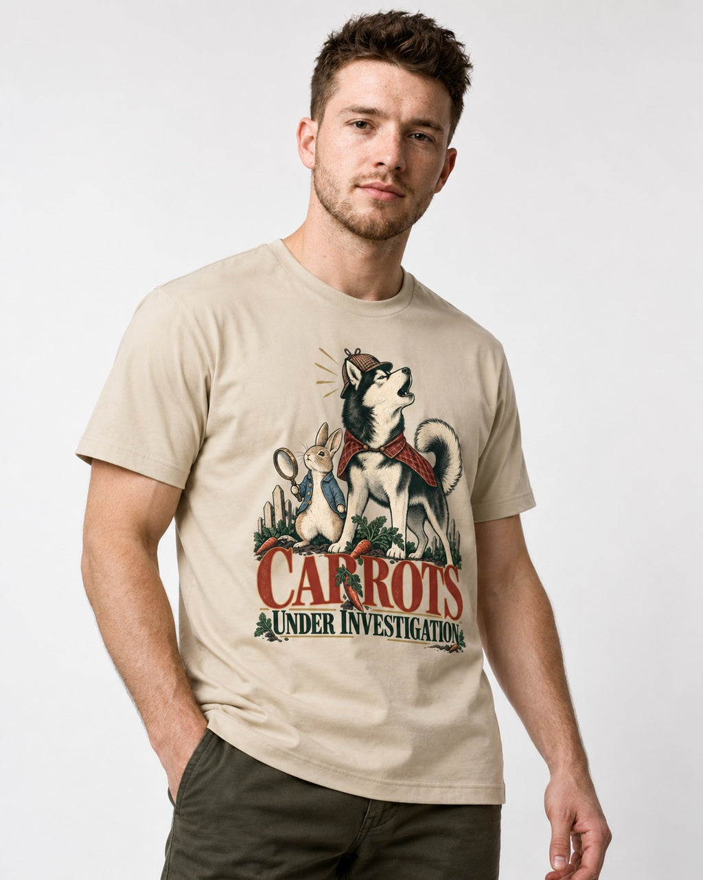 Carrots Under Husky Investigation T-Shirt in Sand, worn by a model